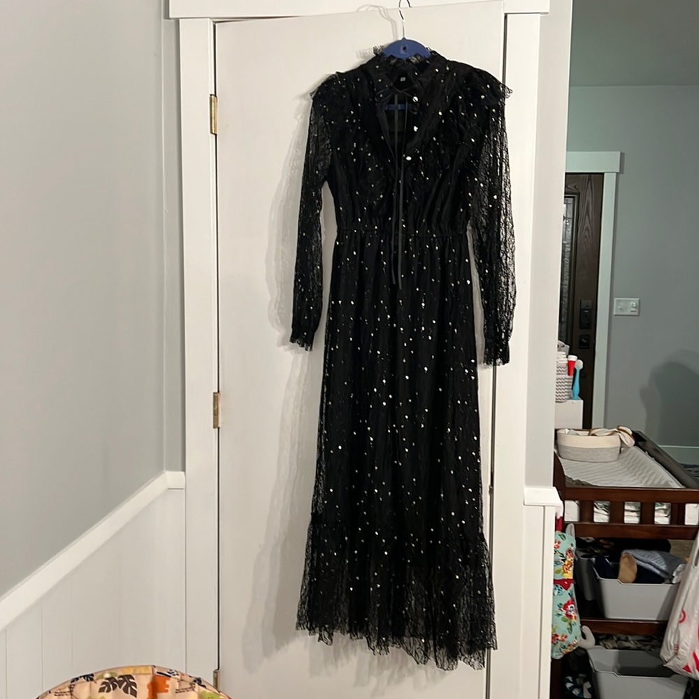 Wore at a winter wedding as a guest, black lace